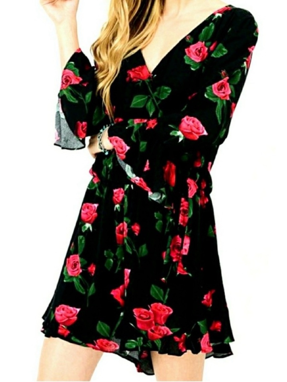 Rose Print Romper Bell Sleeve Faux Wrap Top